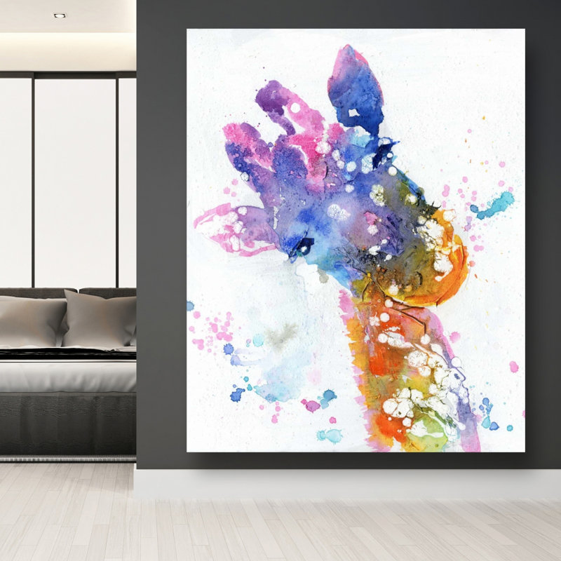 Girafe abstraite avec éclaboussures de couleur | Toile Modern Livingroom, H 60 po x l 48 po