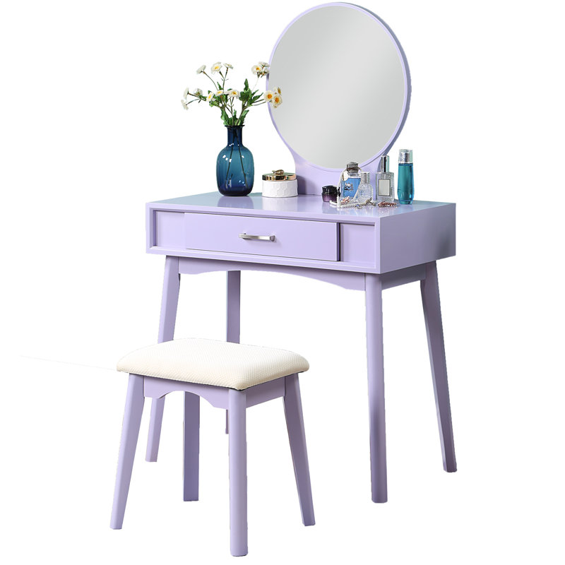 Meuble-lavabo et tabouret mauve moderne - structure en bois d'hévéa massif, table de l 31,5 po x P 16,1 po et H 30,24 po, idéal pour le rangement de maquillage