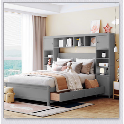 Wooden Bed With All-In-One Cabinet And Shelf