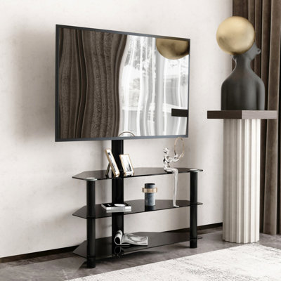 Meuble télé noir avec hauteur réglable et fonction pivotante, 3 tablettes, convient aux téléviseurs de 32 à 65 po, support pour écran de taille maximale de 35 à 79 po, support de 3 po, support sécuritaire, facile à nettoyer
