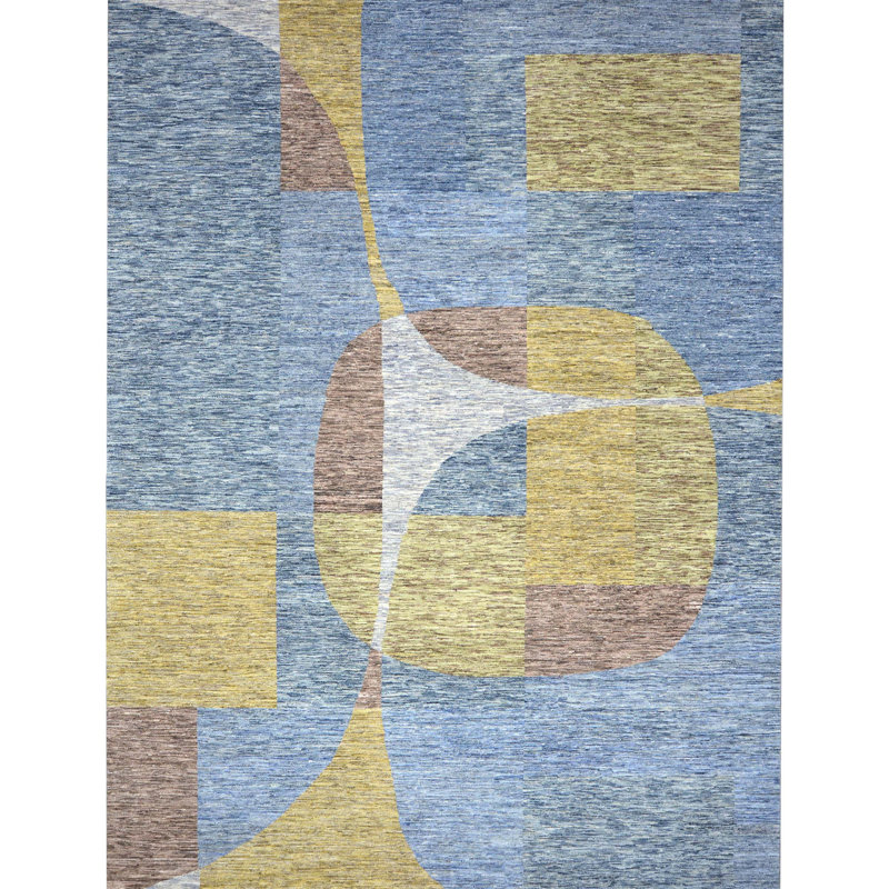 Tapis rectangulaire en laine noué à la main jaune / gris / brun, null, Rectangle de 5 pi x 8 pi