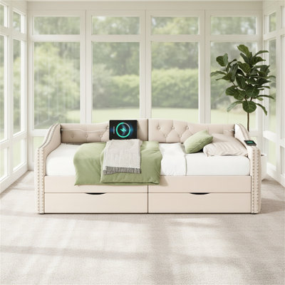 Élégant lit de jour rembourré avec tiroirs de rangement - Lit de jour simple en bois, sans sommier, beige