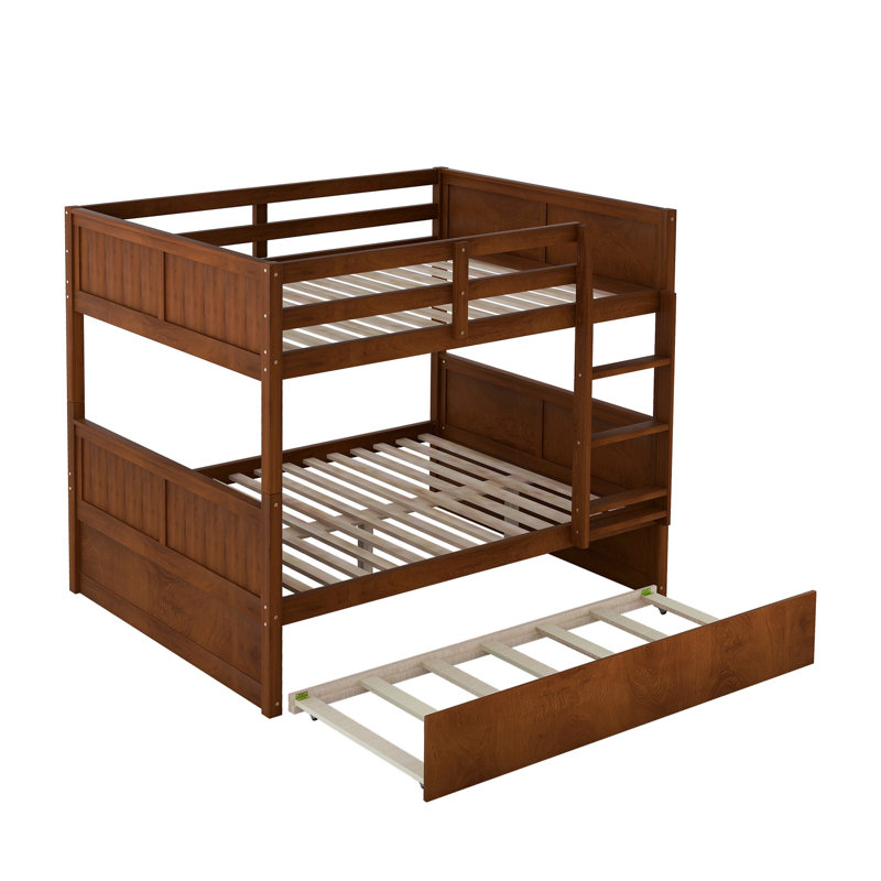 Lit superposé double en noyer avec lit gigogne simple pratique - peu encombrant, Walnut