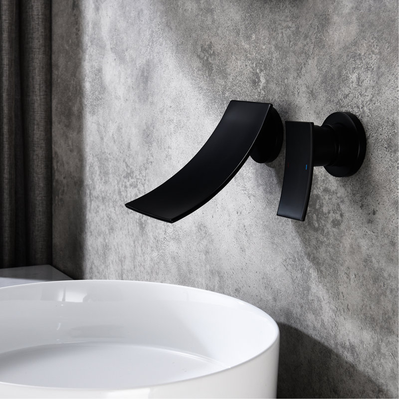 Wall Mount Bathroom Faucet In Matte Black, Comprised Of Brass With Wide Waterfall Spout And Exact Control Valve For Fluent Water Flow Black Faucet, Made Expansive Arc Precise A Delightful Utilization