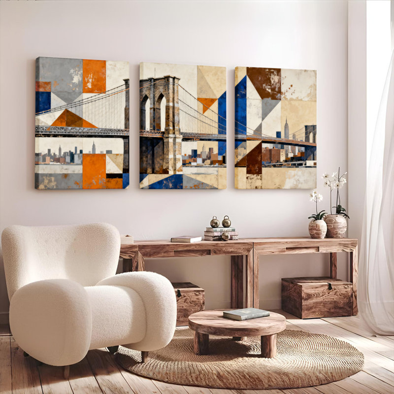 Tableau abstrait géométrique sur toile tendue représentant le pont de Brooklyn (ensemble de 3), H 30 po x l 60 po