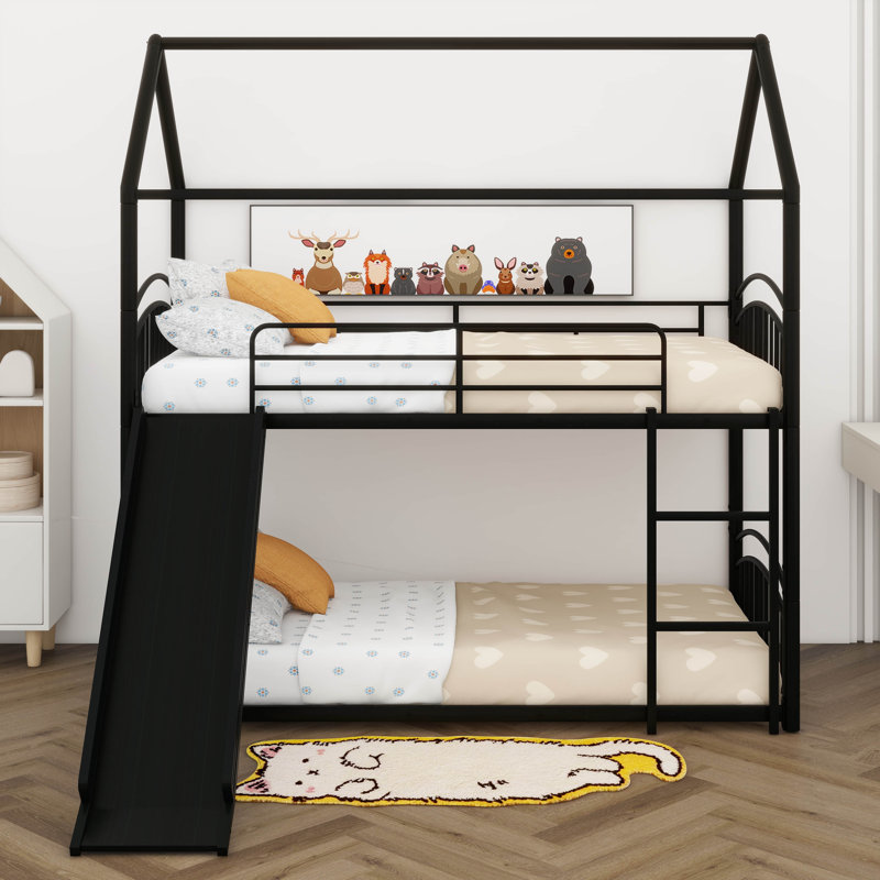 Charming Twin Over Twin Metal House Bunk Bed Featuring An Exciting Slide, Black