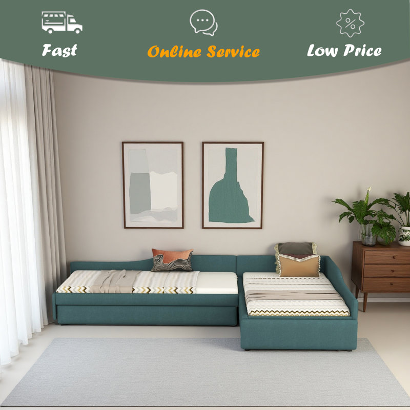 Upholstered Double Twin Size Daybed With Trundle And Drawer, Green