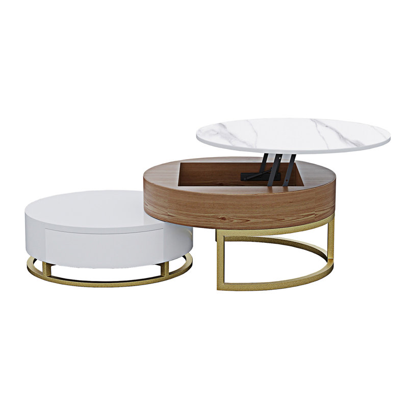 Table basse ronde à plateau relevable en bois, Blanc