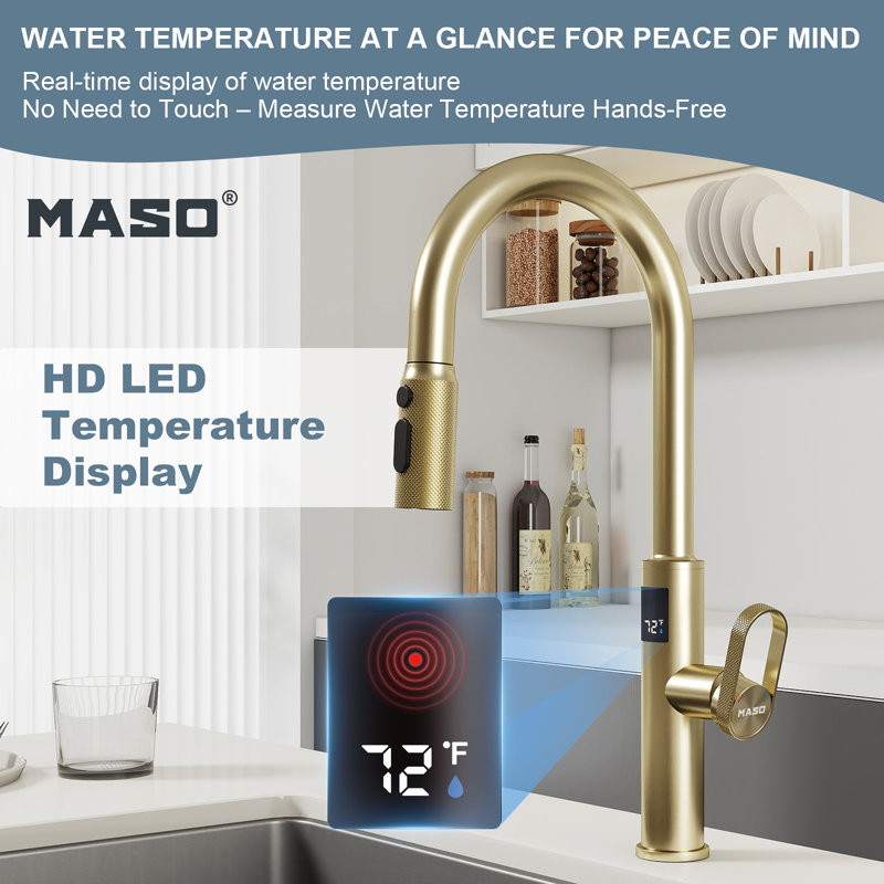 MASO Touchless Kitchen Faucet with Pull-Down Sprayer, Fahrenheit Temperature Display, 3 Spray Modes, 360° Swivel, Commercial Modern Faucet for RV, Farmhouse, Camper, Laundry & Bar,Matte Black