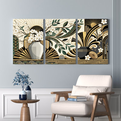 Ensemble de 3 tableaux sur toile à motif floral Art déco, représentant un vase et un éventail, pour la décoration du salon et de la chambre.