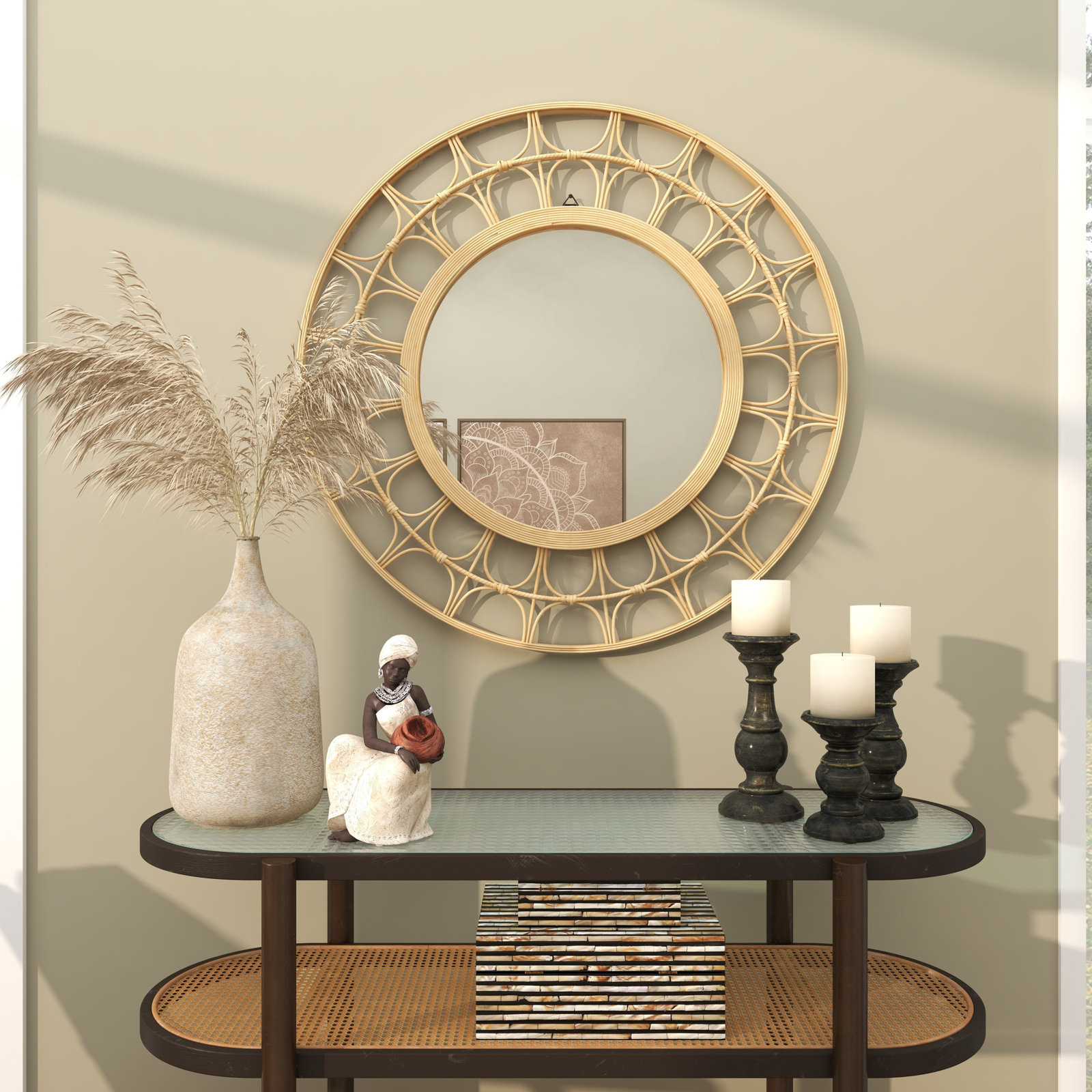 Bamboo Wood Handmade Woven Geometric Room Wall Mirror with Arch Design