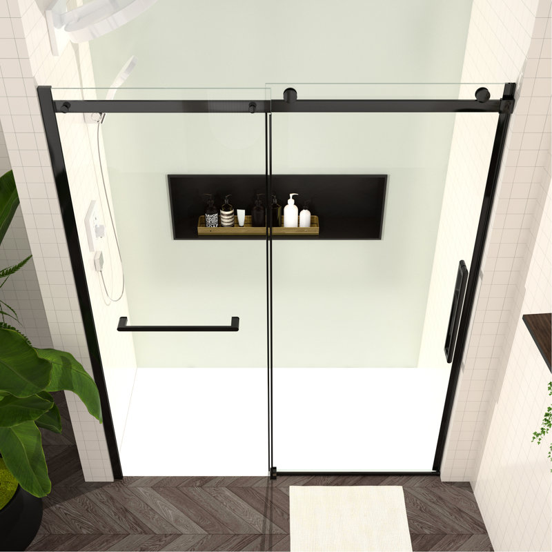 56 - 60"W X 76"H Shower Door, Tempered Glass, Matte Black Supports, Smooth Sliding Function, Water Spot Coating, Modern Bathroom Accessory Glass Enclosure, 76"H, Design, Hardware, Movement, Easy To