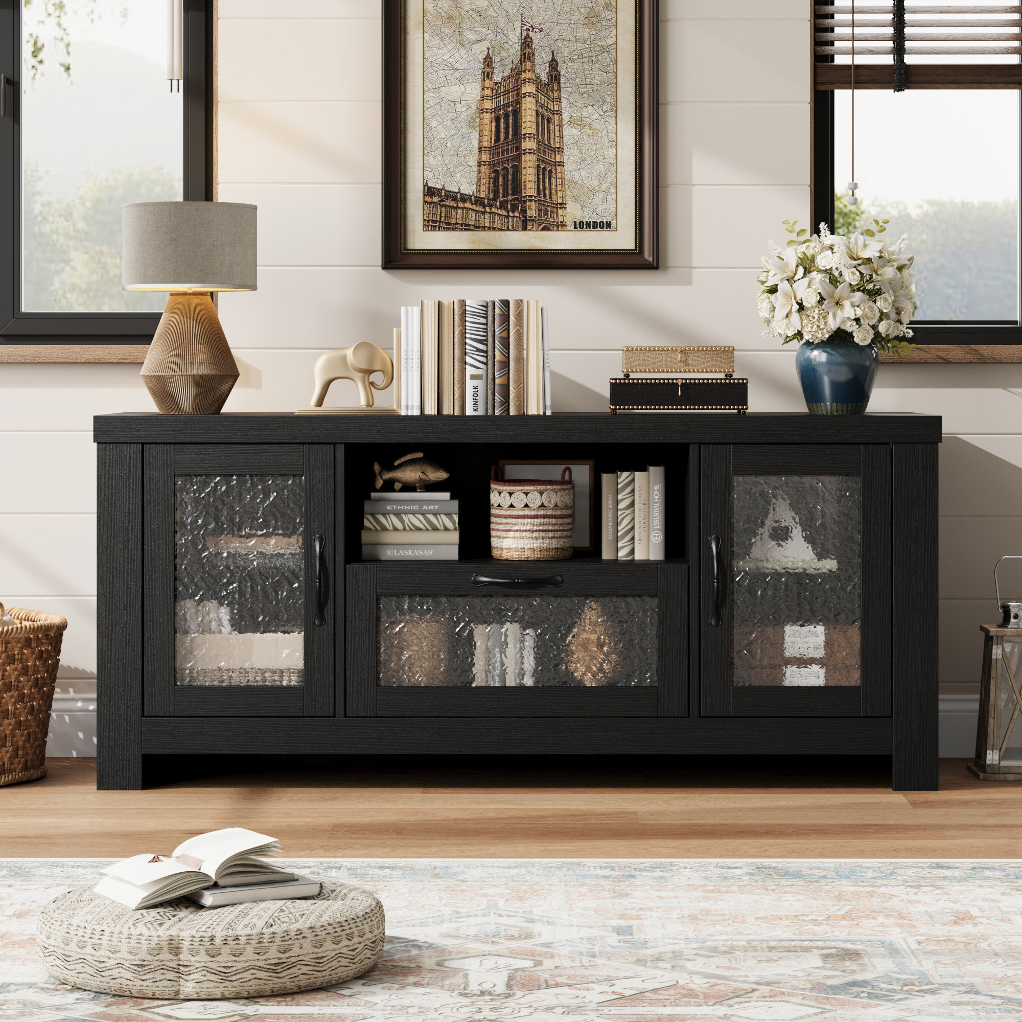 Farmhouse TV Stand for 55/65 Inch TV, Wood Entertainment Center with Acrylic Door Storage Cabinet, Adjustable Shelves, Sturdy TV Console Table for Living Room Bedroom - Black