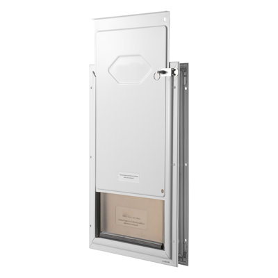 Pet Door with Lock 27.56" L x 16.65" W x 2.36" H Aluminum and PVC 1 Piece Dog Door White Weatherproof Flap System Fits Doors 1-2" Thick