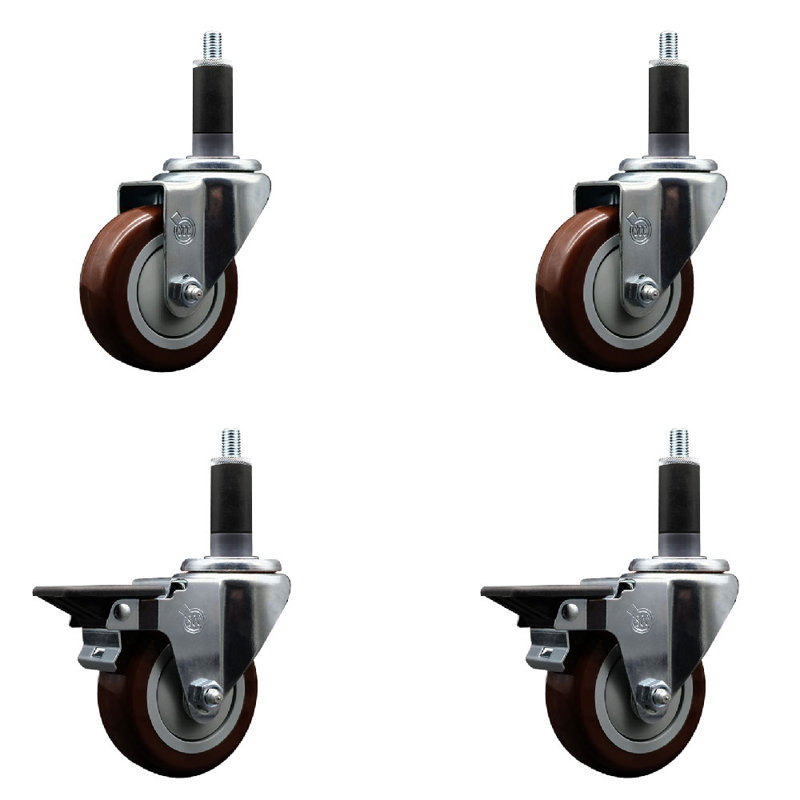 Ensemble de roulettes extensibles pivotantes en poly sur roulettes 2 freins SCC PLB 3,5 po x 1-1 / 8 po, Marron