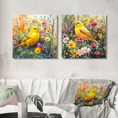 «Finch Bird In The Wildflowers I», art mural oiseau, toile d'art moderne 2 pièces