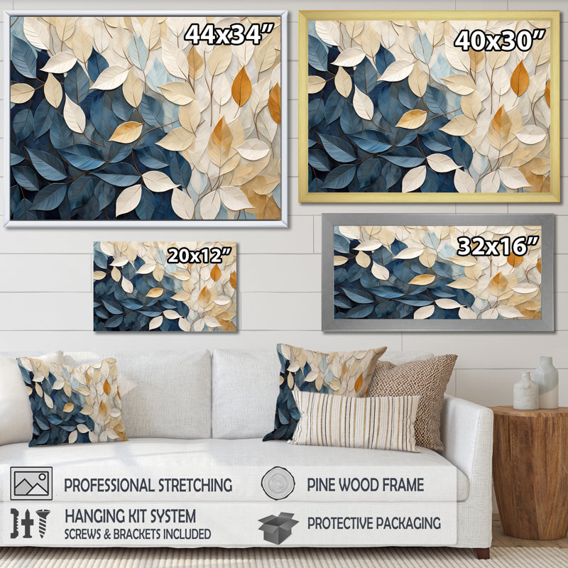 Collage de feuilles minimaliste beige et bleu - feuilles, décoration murale, Cadre flottant noir