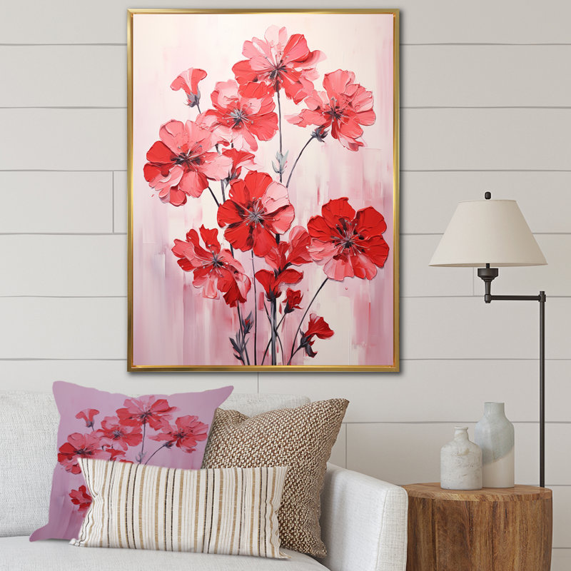 Minimalisme blanc et géraniums rouges sur toile, Cadre flottant doré, H 44 po x l 34 po x P 1,5 po