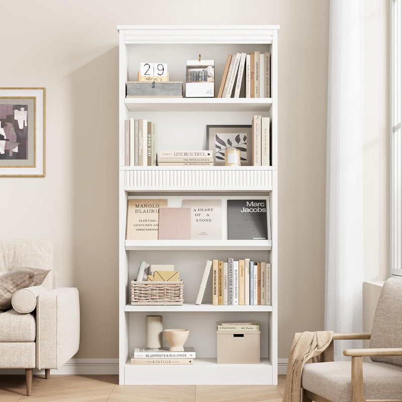 71" Tall Bookcase w/Display Rack & Fluted Design, 5 Tier Farmhouse Bookshelf with Wood Base, Wood Bookshelf Rustic Vintage Book Shelf for Office Library