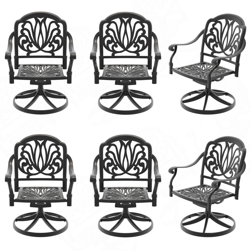 Chaise de patio pivotante en fonte d'aluminium 6 pièces avec structure noire et coussins bruns