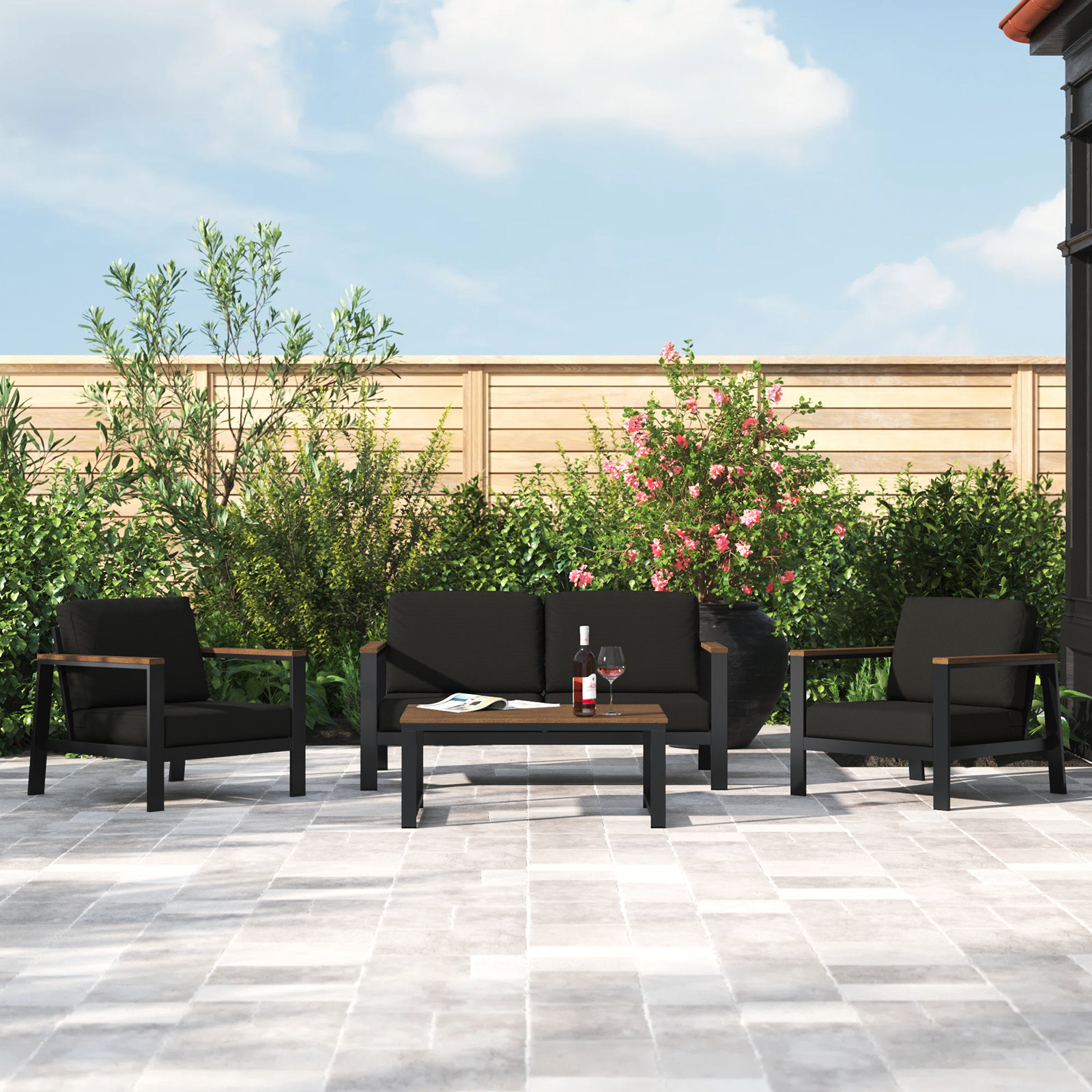 Townsend 4-Person Sunbrella® Patio Seating Group, Sunbrella® Canvas Black, Antique Mahogany