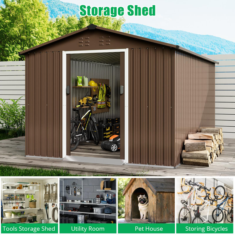 8x15 ft Outdoor Storage Shed with Lockable Sliding Door & Sloping Roof, Galvanized Steel Frame Waterproof Garden Tool Shed