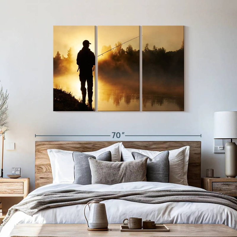 «Foggy Riverbank Fishing», 3 pièces sur toile, H 36 po x l 57 po x P 1,25 po