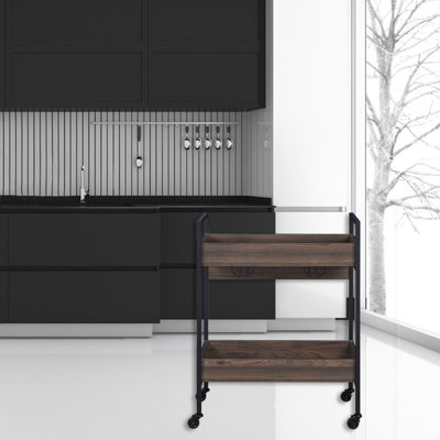 Industrial Serving Cart, Stylish 2-Tier Metal Frame with Wooden Top & Cup Holder, Walnut Finish