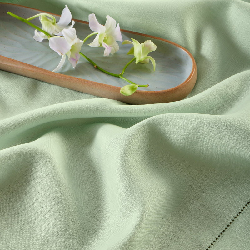 100% Pure Linen Hemstitch Table Throw - Classic Hemstitch, Light Green