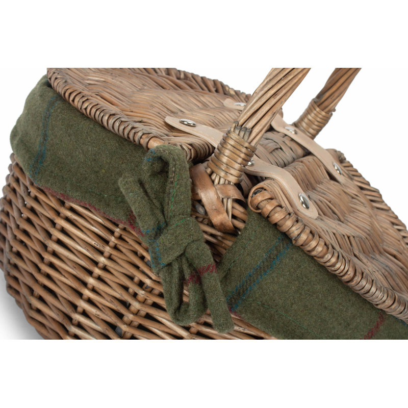 August Grove Oval Picnic Basket With White Lining, Antique Wash/Green Tweed Lining