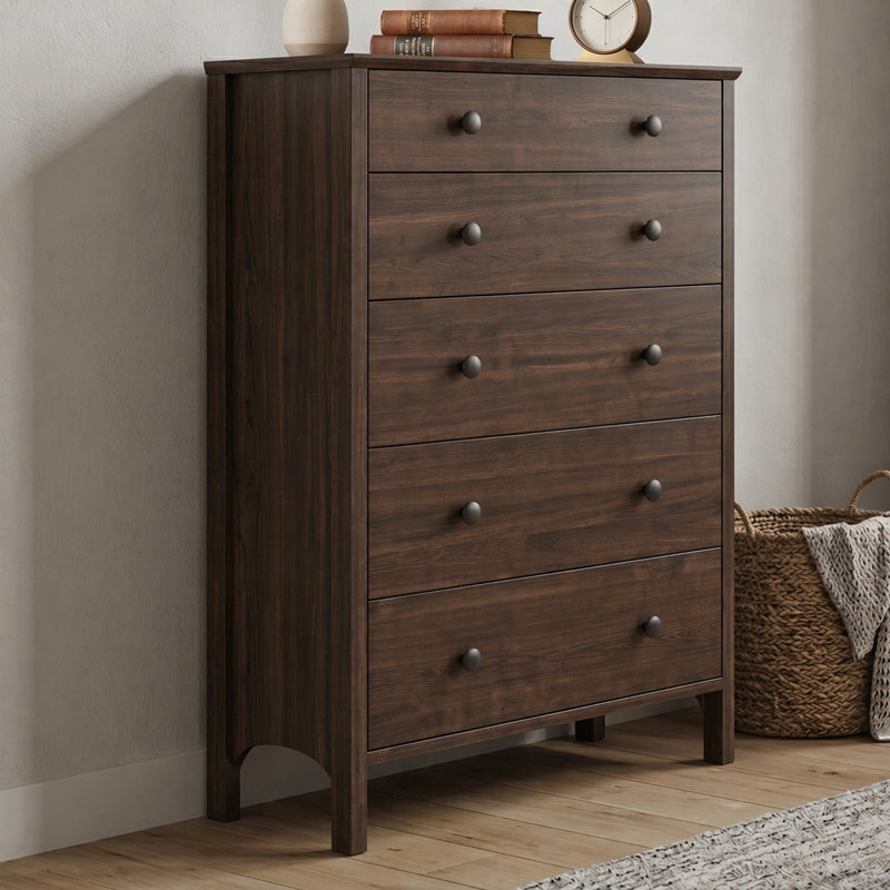 Shaker Style, 5 Drawer Tall Dresser, Rustic Brown