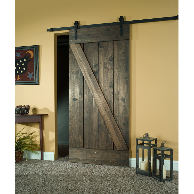 Rustic Dark Brown Pine Sliding Barn Door Kit with Black Hardware