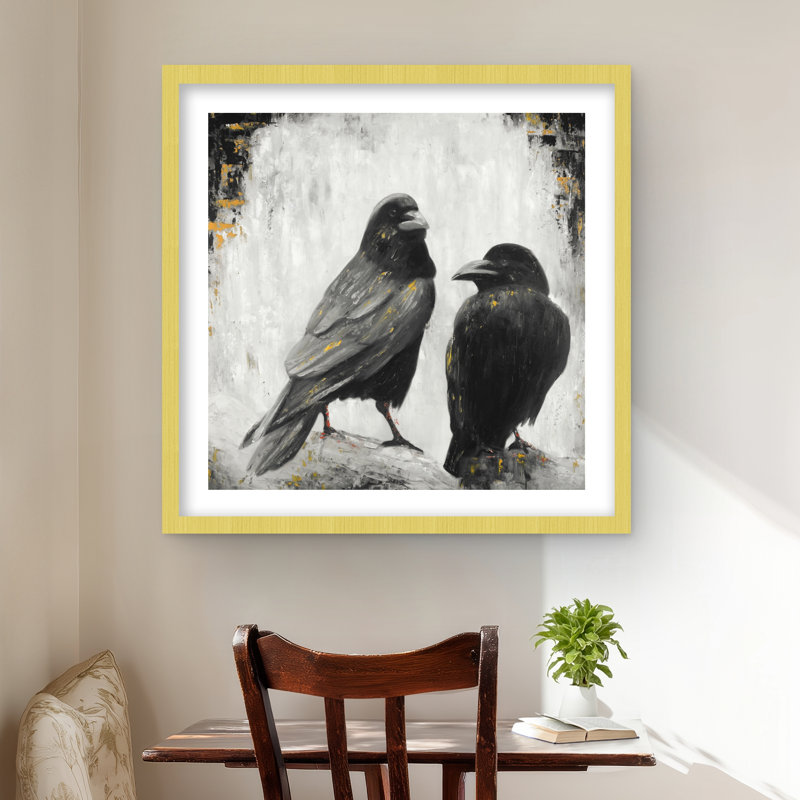 Deux oiseaux corbeaux - reproduction mat industrielle encadrée pour la décoration, H 24 po x l 24 po, Doré
