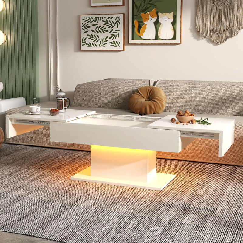 Budwin Sliding Storage Coffee Table with High-Gloss Finish, White