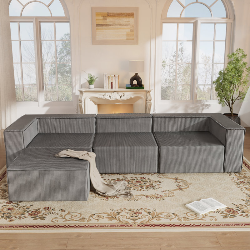 108" Modern Corduroy Combination Compression Couch No Assembly Required With Ottoman, Gray