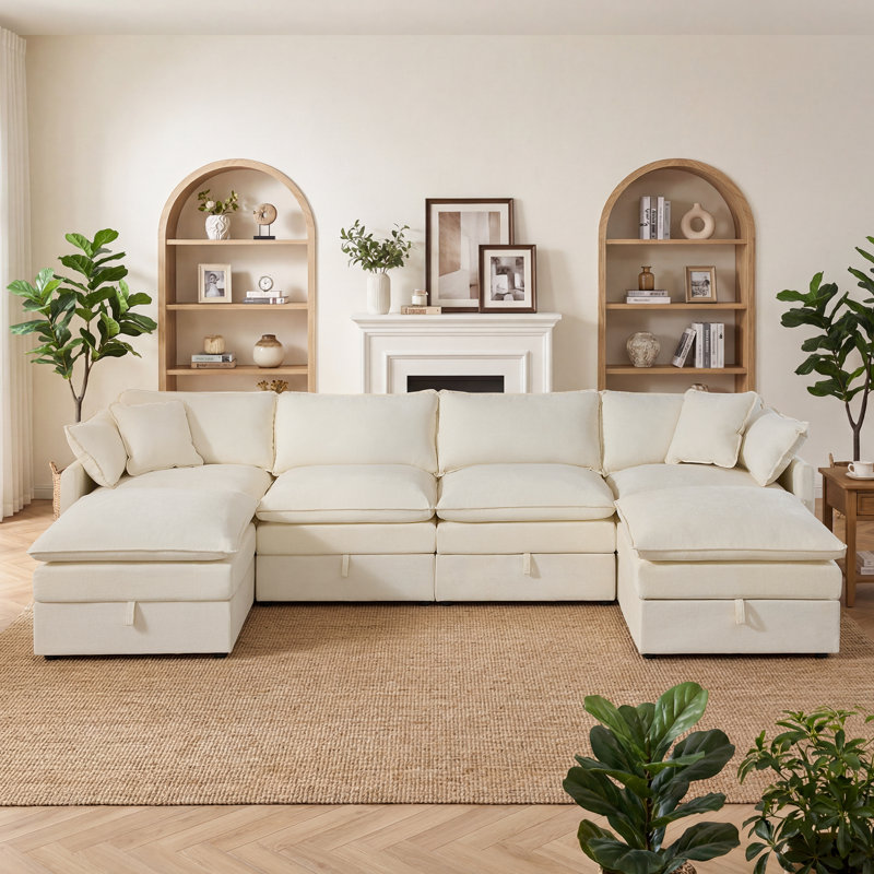 Canapé modulaire modulaire en U en chenille de 6 places avec sièges de rangement 134 po Greer, Chenille beige