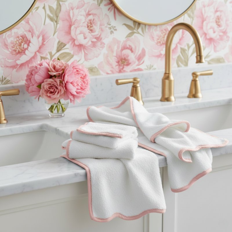 Luxury Cotton - Fluffy, Ultra Soft & Highly Absorbent - Hand Towels (4 Pieces) - Scallop Piping, White/Pink