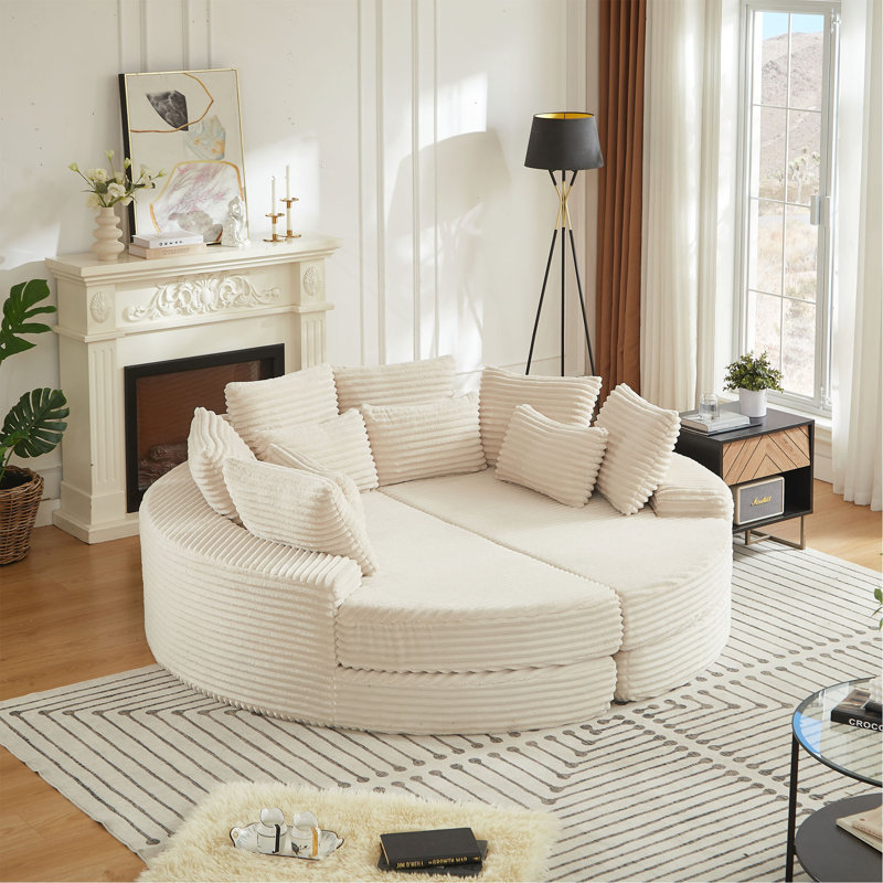 Fauteuil inclinable rond en velours côtelé de 78,5 pouces, convertible en deux fauteuils inclinables, canapé-lit 2 en 1 et coussins décoratifs avec cinq coussins décoratifs