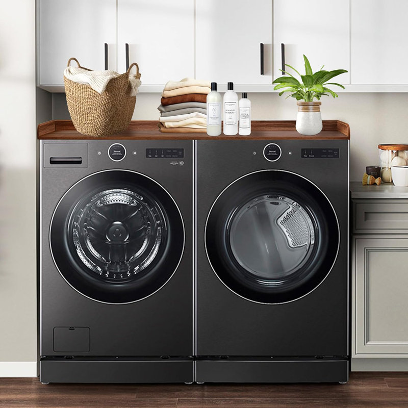 Washer Dryer Countertop Solid Wood With Polyester Coating, Laundry Countertop With Edge Rails，Walnut