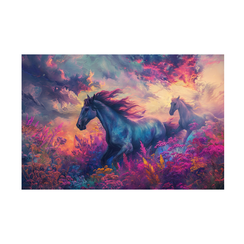 Art mural sur toile tendue - Art mural «Wild Horses Rainbow Field» par Imagine It Images pour le salon, la chambre à coucher ou le bureau - 16 x 24