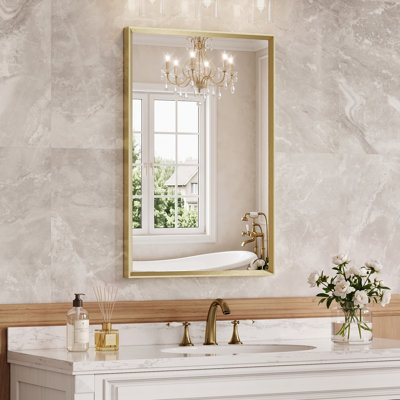 Miroir de salle de bain à bords biseautés, miroir mural en verre trempé avec cadre en aluminium antirouille, pour au-dessus d'un lavabo, dans une chambre ou une entrée.