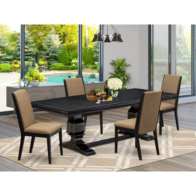 Cet ensemble de salle à manger moderne 5 pièces comprend une table de cuisine rectangulaire et 4 chaises de salle à manger en tissu de lin sable clair avec pieds noirs - Finition sable