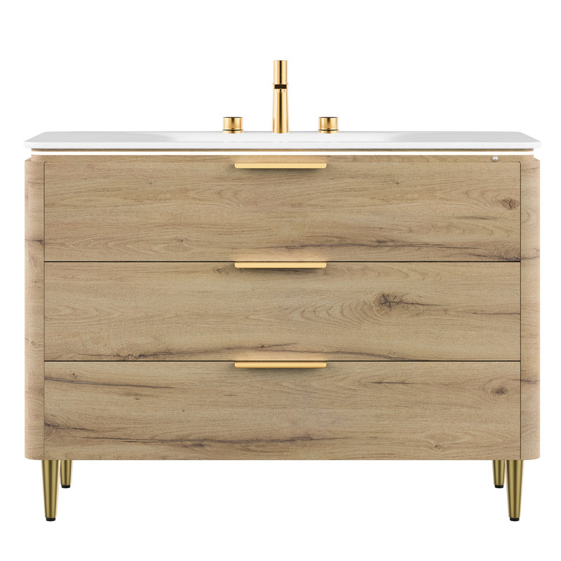 Meuble-lavabo autoportant de 48 po avec armoire en contreplaqué à 3 tiroirs, lavabo intégré en pierre frittée blanche, finition chêne, installation facile, lavabo automatique à DEL de 48 po, tiroirs de rangement, pré-percé