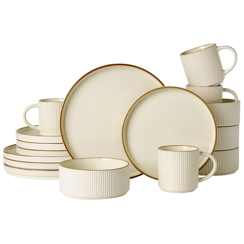 Azal Stoneware Dinnerware Sets, 16 Piece Dish Set, Vanilla White