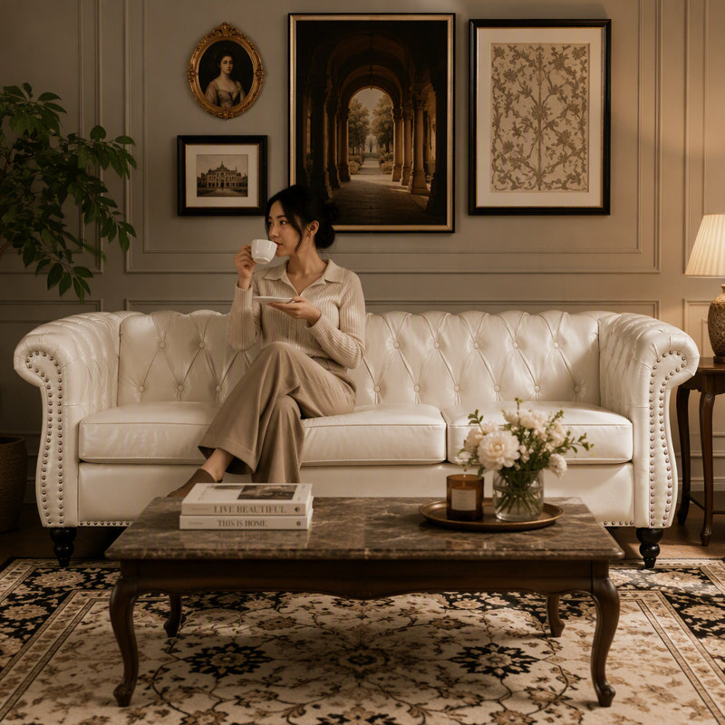 Canapé Chesterfield 84,65 po, Simili cuir blanc