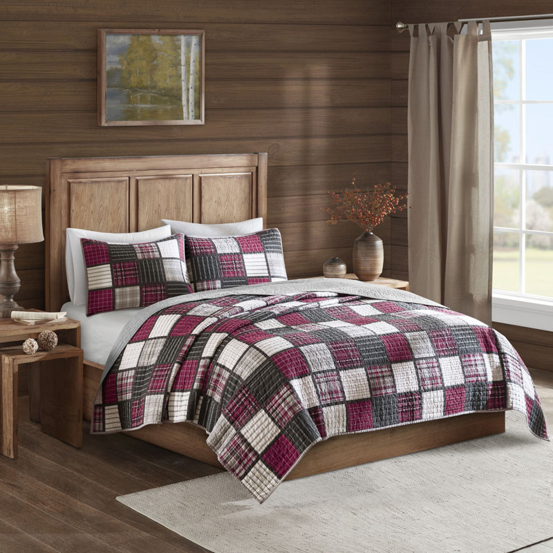 Red and Grey Cotton Plaid Reversible Full Quilt Set