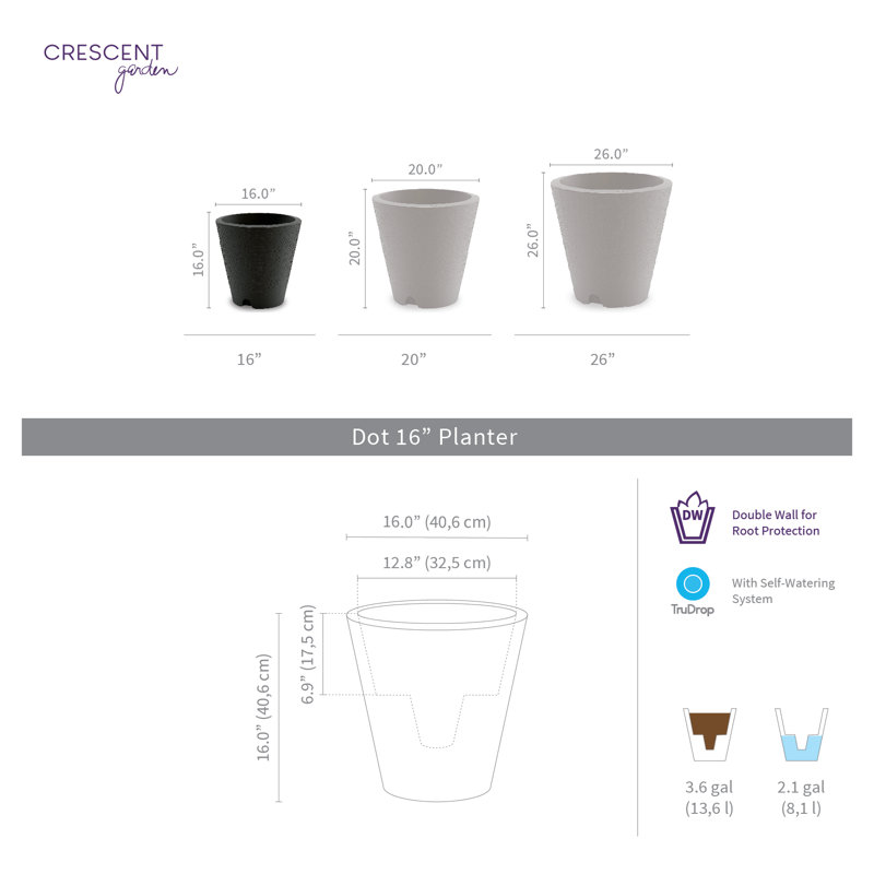 Dot Self Watering Plastic Pot Planter, Mocha, 16" H x 16" W x 16" D