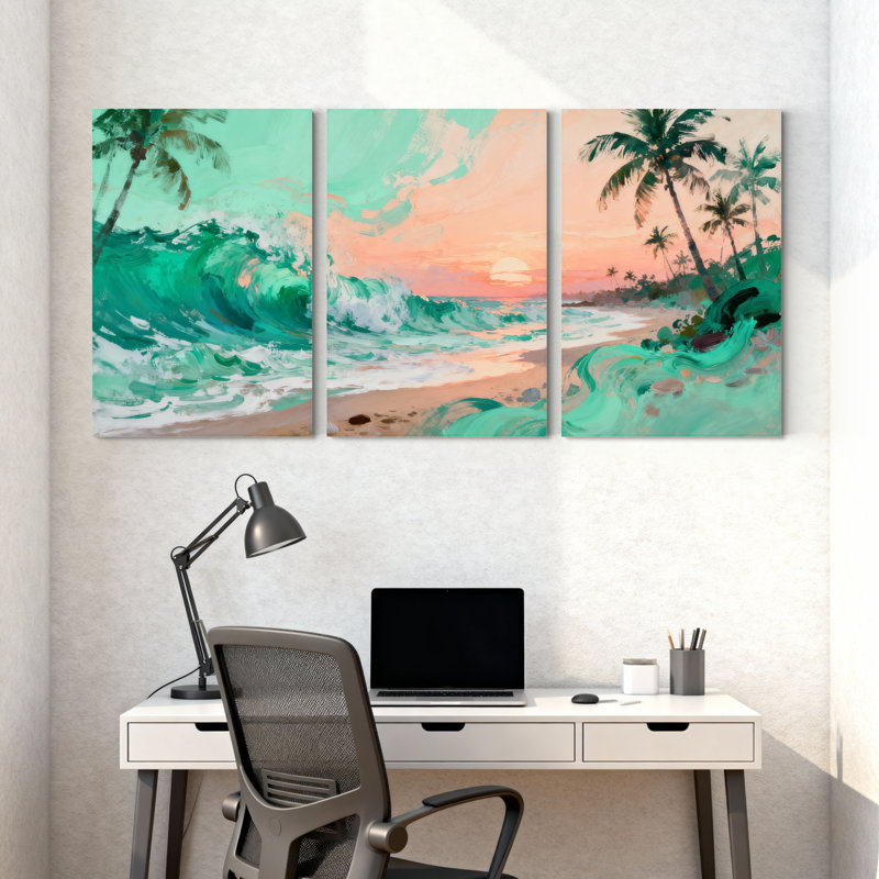 Nautique et plage, plage tropicale, coucher de soleil, vagues, palmiers, océan, ensemble de 3 impressions sur toile