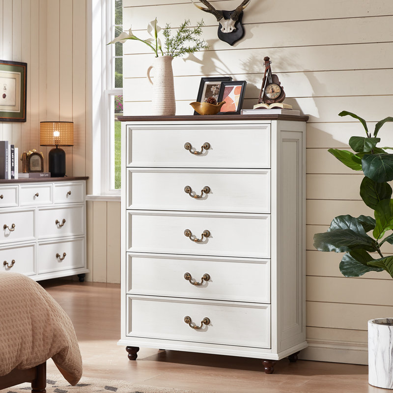 Farmhouse 5 Drawer Dresser For Bedroom, 45" Tall Vinatge Chests Of Drawers W/ 4 Solid Gourd Feet, Mid Century Modern Boho Wood Closet Storage Dressers Organizer For Living Room