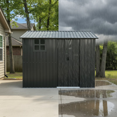Remise de rangement extérieure en acier galvanisé 8 * 6FT avec porte coulissante, remise à outils en métal robuste avec fenêtre et évents, remise utilitaire résistante aux intempéries pour la pelouse de patio, noir